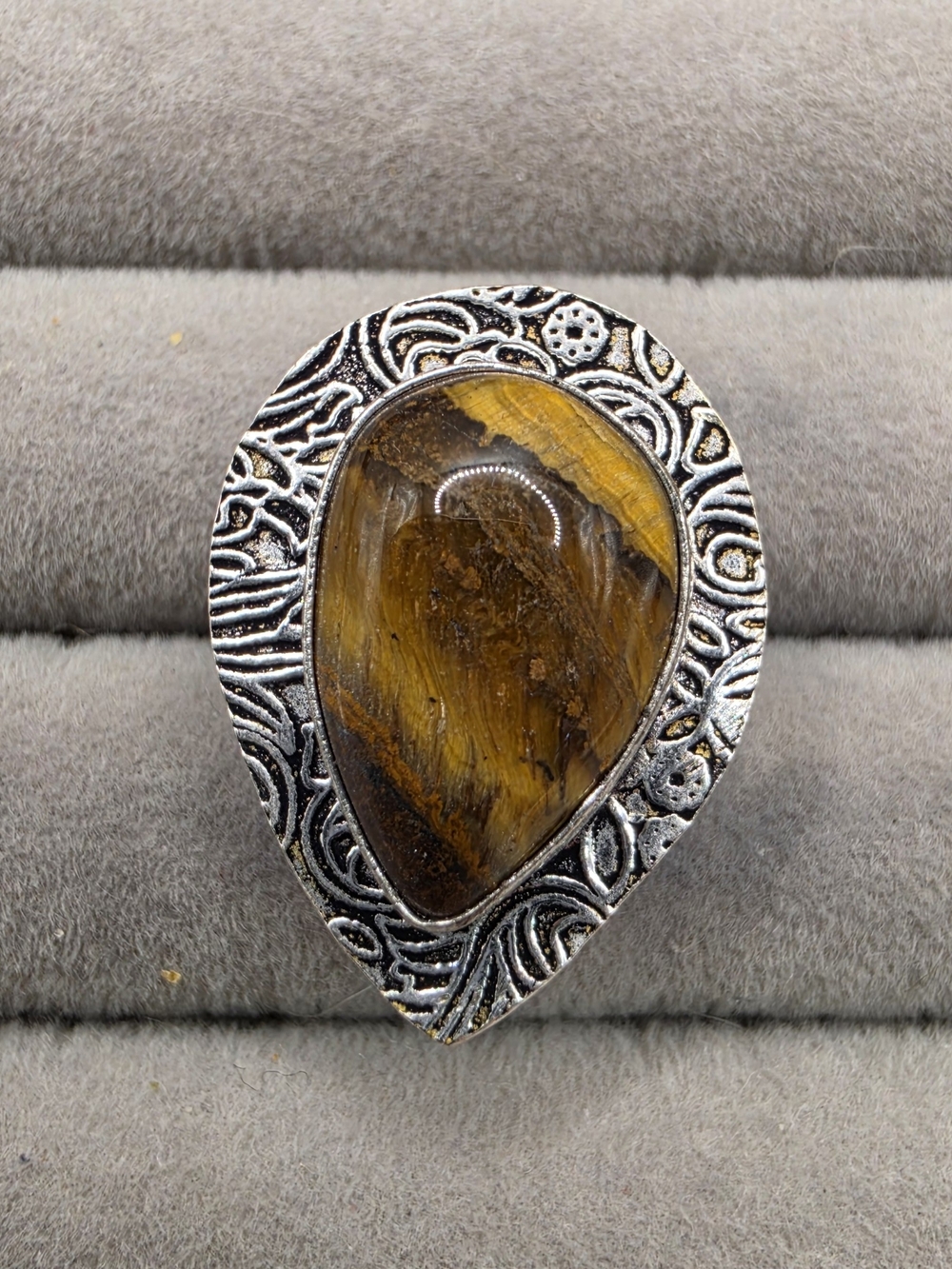 Silver Plated Teardrop Tiger's Eye Statement Ring Size 6 - Brown